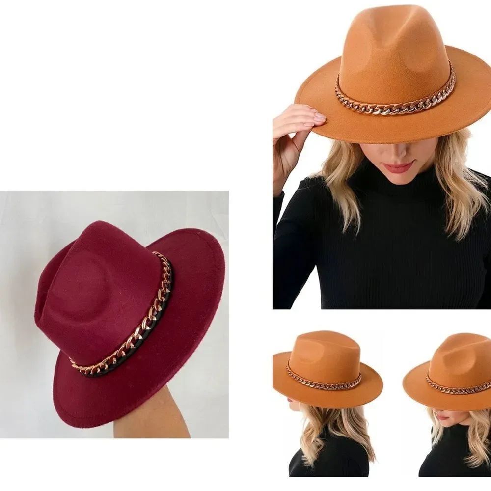 NEW Marcus Adler burgundy felt with gold ribbon chain dented fedora hat